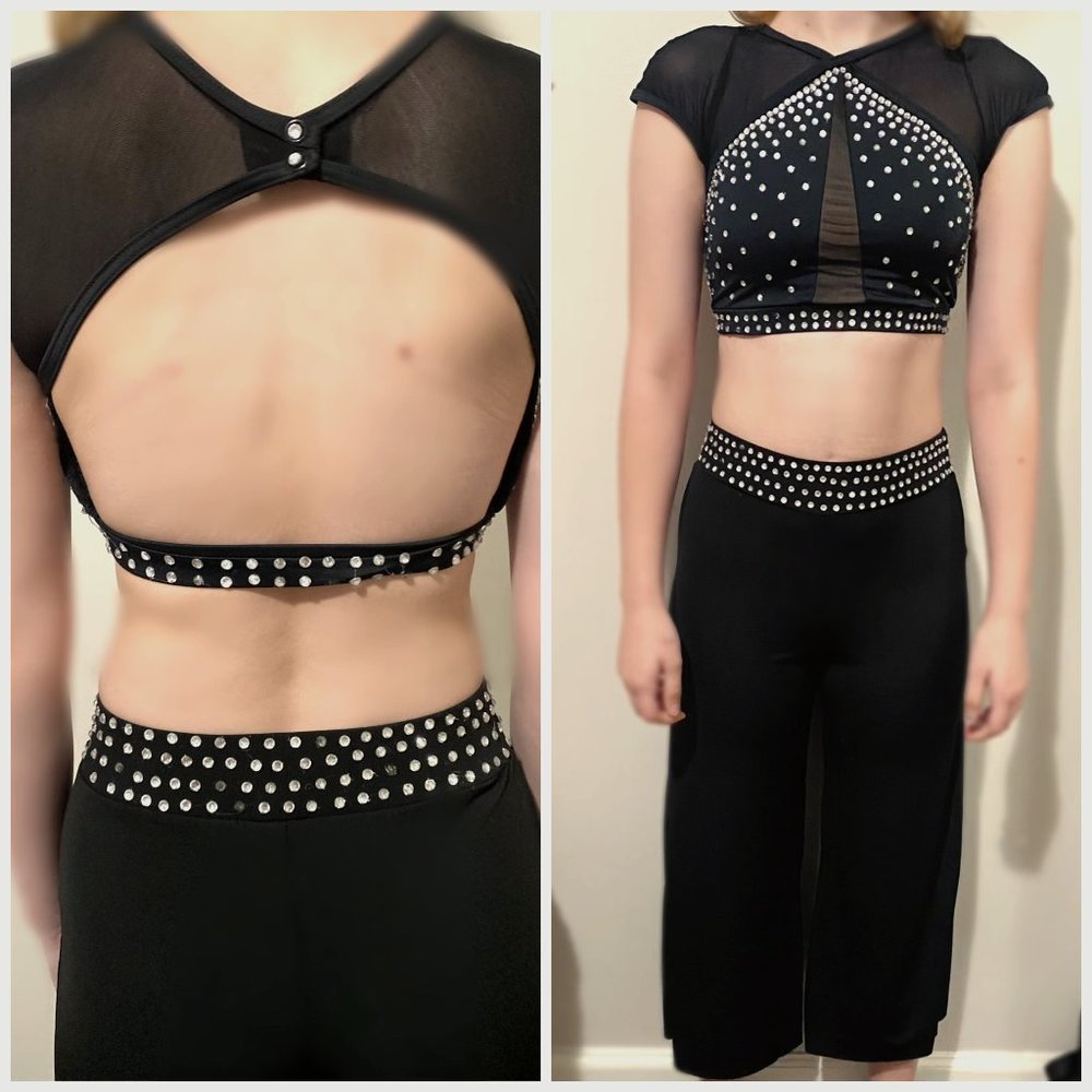 Black Custom Dance Contemporary 2 Piece Handcrafted w/Rhinestones Set Crop Pants